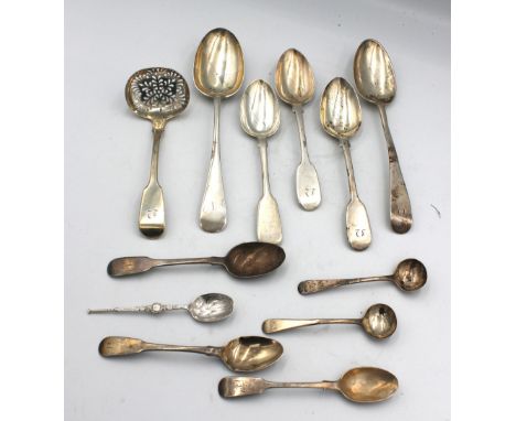 A small collection of silver flatware to include; a pair of Victorian silver fiddle patterned dessert spoons, hallmarked by R