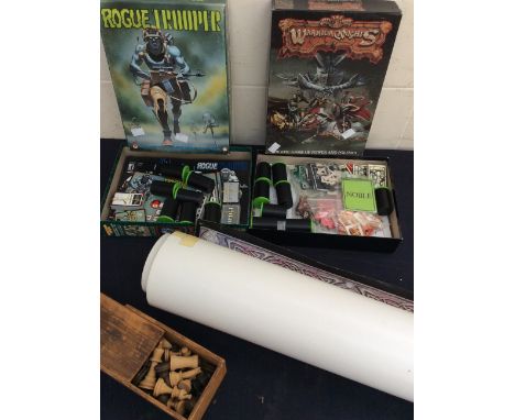 A collection of Athena 1980s posters, Hobbit related along with two boxed Warcraft games and vintage chess pieces.