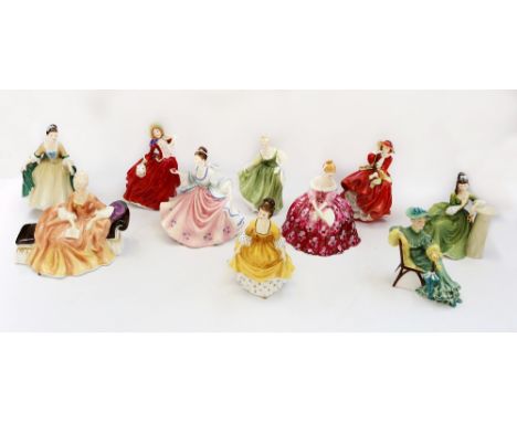 A collection of ten Royal Doulton ceramic figures comprising: Autumn Breezes 1939 HN1934; Top O' The Hill 1937; Coralie 1963 