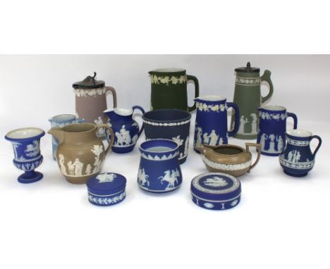 A collection of mixed late 19th/early 20th century Wedgwood ceramics, to include: tall green jasperware jug, a covered pink/p