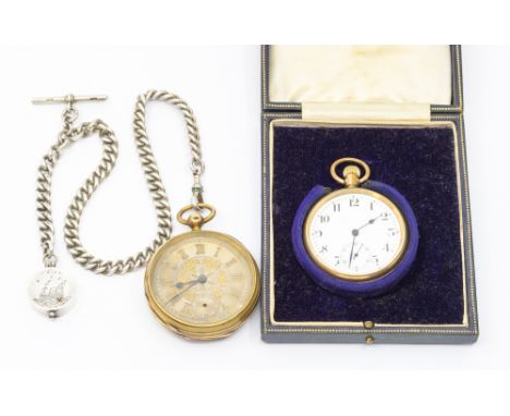 A gold plated open faced pocket watch, comprising a white enamel dial with Arabic markers, subsidiary dial at 6, case approx 