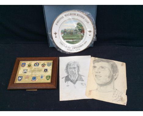 Framed badges of the founders of the football league, Wedgewood plate and two pencil sketches of the Derby County players in 