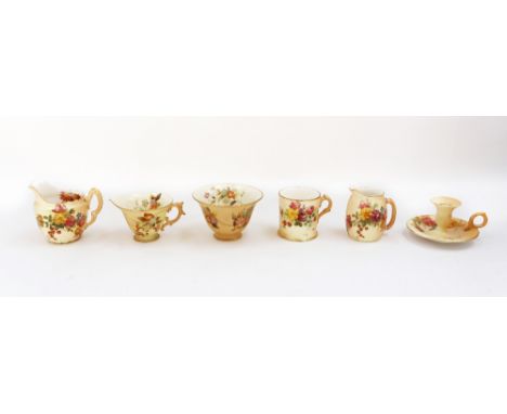 An assortment of miscellaneous Royal Worcester blush ivory pieces comprising: a small bowl; chamber stick; two small milk jug