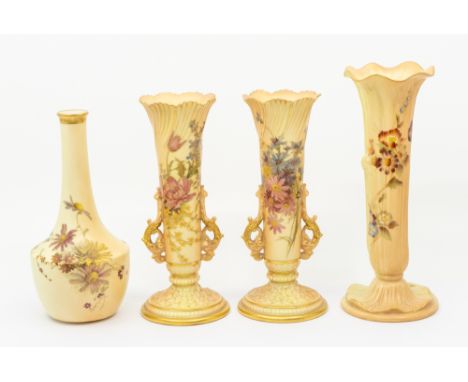 A small group of four Royal Worcester blush ivory vases comprising: a pair of ornate posy vases with floral decoration, no. 1