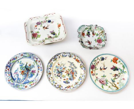 A collection of early 19th Century Masons ironstone/Folch &amp; Sons new cambrian china dinner plates, comport fruit bowl and