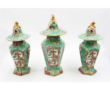 Three rare 19th Century Masons ironstone Chinese vases with lids, Chinese marks to base, jade green in colour with Chinese pa
