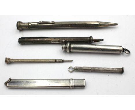 A collection of silver or base metal pencils to include; an early to mid 20th century silver cylindrical propelling pencil, e