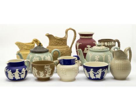 A selection of Dudson and similar ceramics to include: five relief-moulded jugs (one marked); a rouge coloured vase; two simi