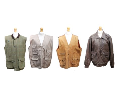 A suede fishing waistcoat by Orvis, fully lined with poachers pockets and stud buttons, size XL, a stone coloured countryman'