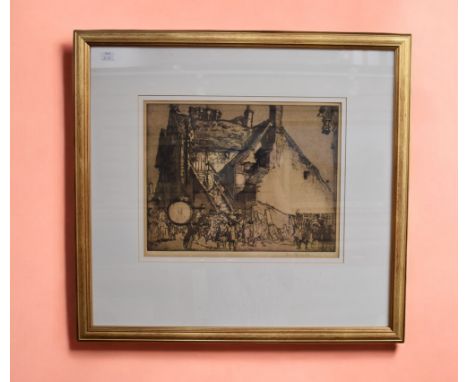 Frank Brangwyn (1867-1956, Welsh); figures outside building; etching on paper; pencil signed; 64cm x 69cm  Artist resale righ