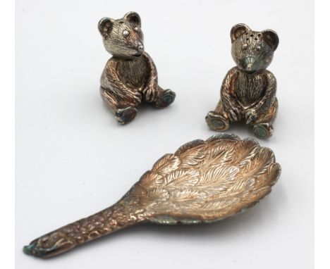A pair of Elizabeth II silver novelty salt and pepper pots, modelled as teddy bears, with realistic fur and features, hallmar