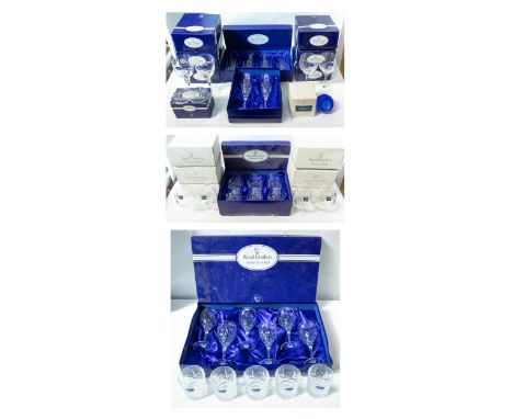A large quantity of Royal Doulton Crystal items, to include 6 Juliette Rummers boxed, 6 Long Stem Juliette Wine glasses boxed