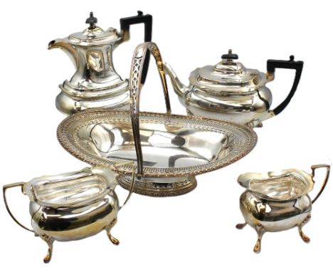A Walker &amp; Hall silver plated four piece tea/coffee set along with a plated fruit basket.