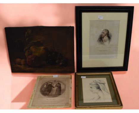 A 19th Century oil on canvas of a still life, a 19th Century pencil sketch of a classical lady and two prints.