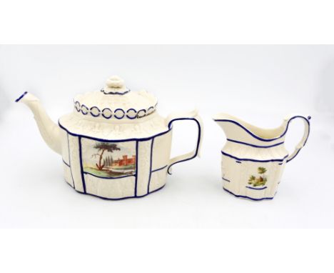 A Yorkshire Castleford feldspathic stoneware teapot and sliding cover, along with a cream jug, moulded body decorated with bl