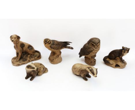 A collection of six Poole pottery ceramic British countryside large animal figures to include 2 badgers, a Fox , Bird, Owl an