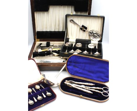 A small collection of silver plated items to include: various flatware, some cased, some loose, a large ladle, all loose exam
