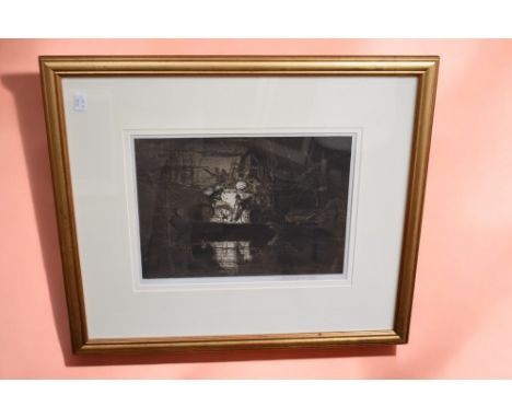 Frank Brangwyn (1867-1956, Welsh); Unloading Wine, Venice; etching on paper; pencil signed; framed; 53cm x 61cm  Artist resal