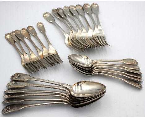 A variety of matching George IV fiddle patterned silver flatware comprising of eight table forks, six table spoons, six desse