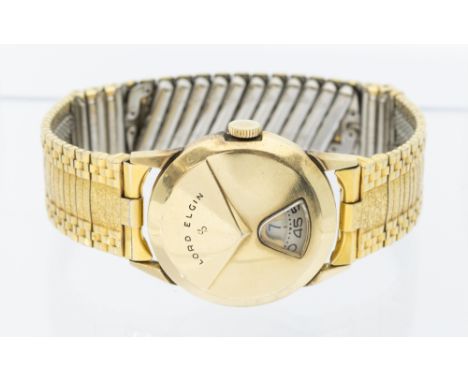 A gentleman's Lord Elgin chevron jump hour 14k gold filled 1950's wristwatch, case approx 30mm, to a later plated expander st