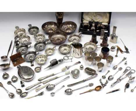 A collection of mixed silver plated items to include; a Continental plated centre dish / bowl, with three circular separate b