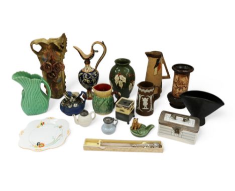 A collection of early to mid 20th Century vases, jugs, pots, plates and dishes, by Brannam, WMF, Sylvac , Cantagalli style an