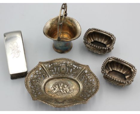 A collection of silver comprising; a Sterling silver basket, with carry handle with five ball design, marked Sterling E. Drag
