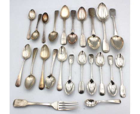 A collection of mixed 19th or 20th century flatware to include; three George III fiddle patterned silver dessert spoons, vary
