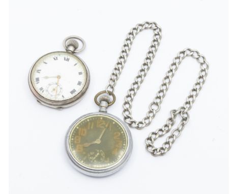 Two pocket watches, including a Military chrome cased version with black dial, Arabic lume markers and inserts to hands, subs