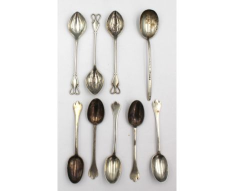 A small collection of silver flatware to include; five matching Edwardian silver trefid spoons, with rat-tails, hallmarked by