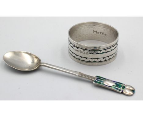 Liberty & Co; a George V Art Nouveau style silver and enamel spoon, with enamelled terminal in blue and green colourway, orig