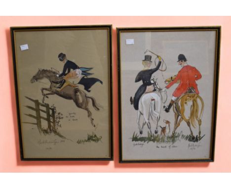 Two early 20th Century&nbsp; raunchy hand tinted Mark Huskinson hunting pictures in frames, signed by artist.