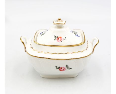 A Swansea porcelain twin handled osier moulded sucrier and cover, painted with a single flower and leaf sprigs, gilded rims a