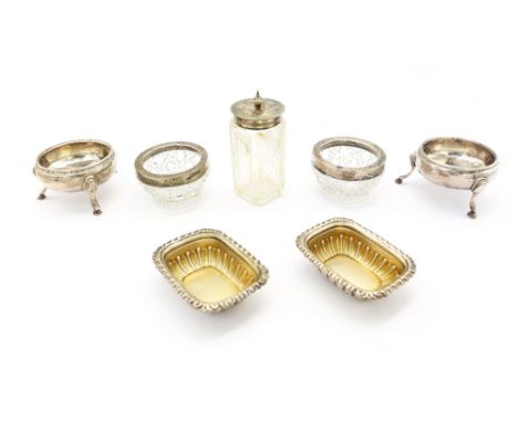 A group of silver tableware to include: a pair of George III silver salts, plain with beaded border on three raised hoof supp