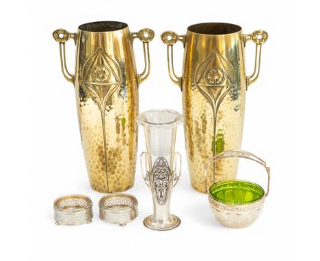 A group of WMF items to include a plated , A 2 handled trumpet vase with original glass insert , approximate height 18cm, a p