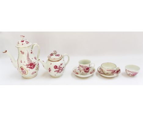 Meissen: a part service including coffee pot, tea pot (A/F lid), coffee cup and saucer, tea cup and saucer, tea bowl.