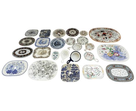 A mixed collection of 19th Century porcelain strainers to include porcelain tea strainers, meat, soap and vegetable, mixed St