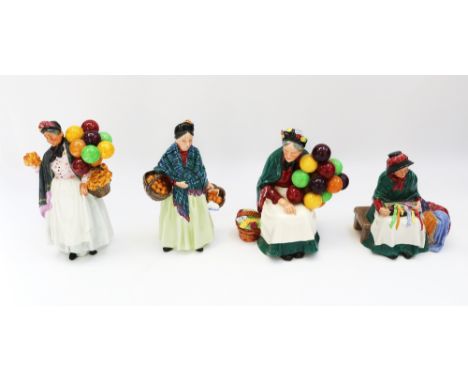 Four Royal Doulton ceramic figures comprising : Biddy Pennyfarthing HN1843; Silks and Ribbons HN2017; The Old Baloon Seller H
