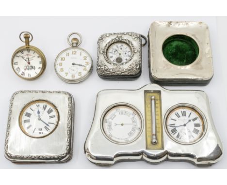 A collection of silver cased metal travel pocket watches, to include 8 day Goliath, (winds and ticking)  along with another G