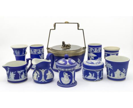 A selection of Wedgwood blue and white jasperware comprising; silver plated covered container with sphinx finial; four posy v