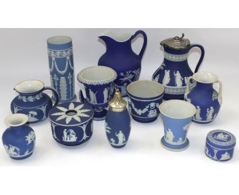 A collection of mixed late 19th/early 20th century Wedgwood blue jasperware ceramics to include: jug with pewter cover, water