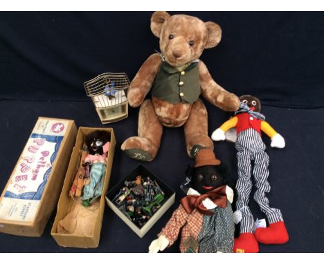 A collection of vintage toys to include a Harrods teddy bear, a Golly pelham puppet and teddy, a box of early 20th Century Br
