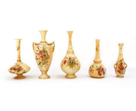 A collection of Royal Worcester blush ivory vases comprising: a twin-handled vase no. 1920, approx. 21.5cm high; a small slen