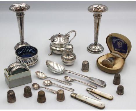 A collection of silver to include; a 20th century silver mustard pot, with three feet and scrolled handle, Chester hallmark b