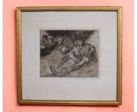 Frank Brangwyn (1867-1956, Welsh); Tramps Resting; black etching on paper; pencil signed; framed; 63cm x 68cm  Artist resale 