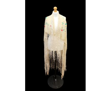  A cream embroidered piano shawl from the early 1920s, deep pink floral design in large flowers and smaller coloured flowers 