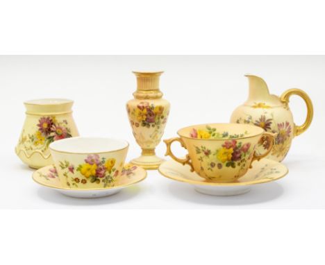 A group of Royal Worcester blush ivory ceramics comprising: a jug; two vases, no. 1730 and no. 991; a twin-handled cup no. W8