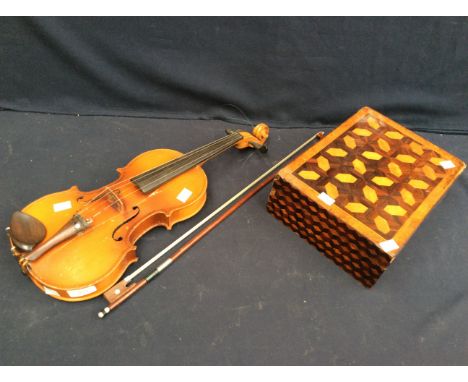 A 19th Century inlayed mahogany trinket box along with a violin and bow.