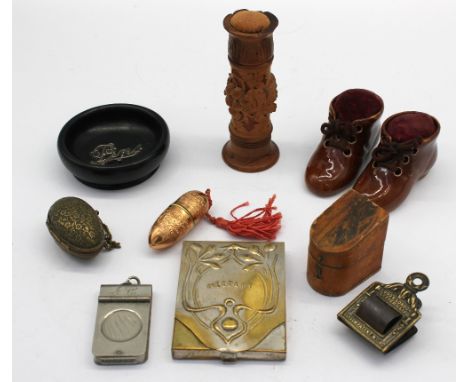 Sewing Interest: a mixed lot comprising of: an Art Nouveau style plated needle case, with typical design and hinged flap open
