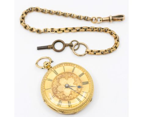 A late Victorian 18ct gold open faced key wind pocket watch, comprising a gilt dial with numeral markers, foliate decoration 